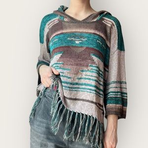 Free People Poncho Fringe Sweater with Hood. Light Knit. Size XS